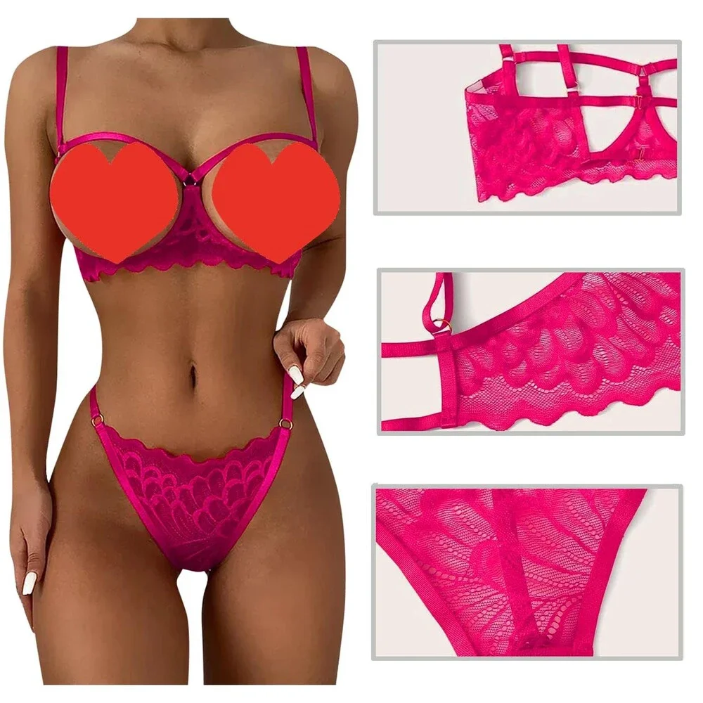 Hot Pink Sheer Lace Lingerie Bra Panty Set 2-Piece M - NWT